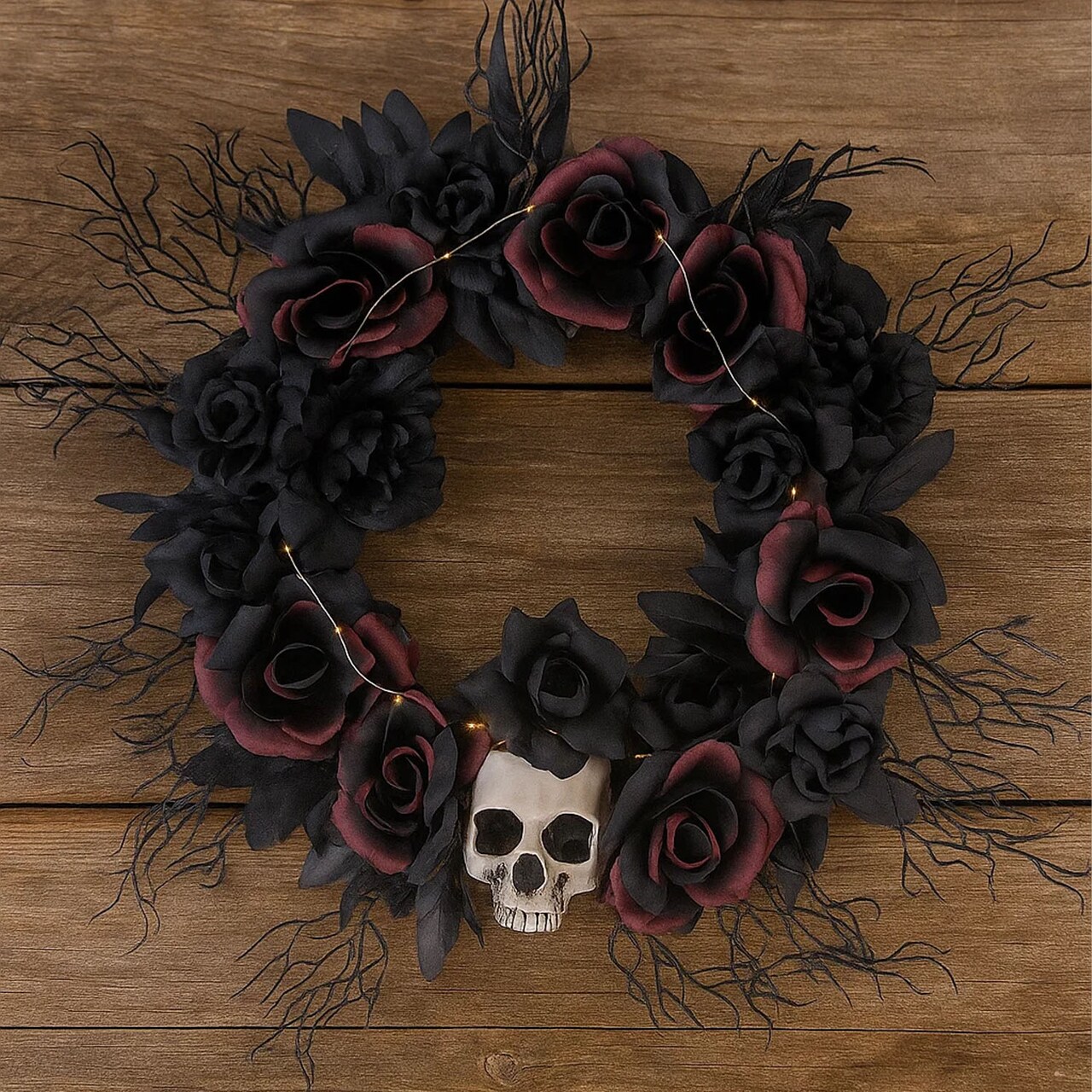 Creepy Halloween Skull and Dead Roses Wreath Decoration 23 1/2 Inches